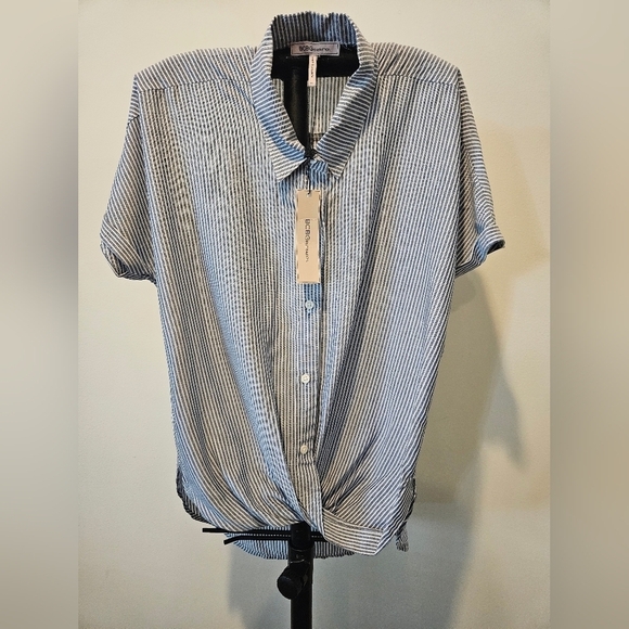 NWT BCBGENERATION WOMEN'S GREY/WHITE STRIPED WRAP WAIST HIGH-LOW SHIRT SIZE XXS - Picture 1 of 16